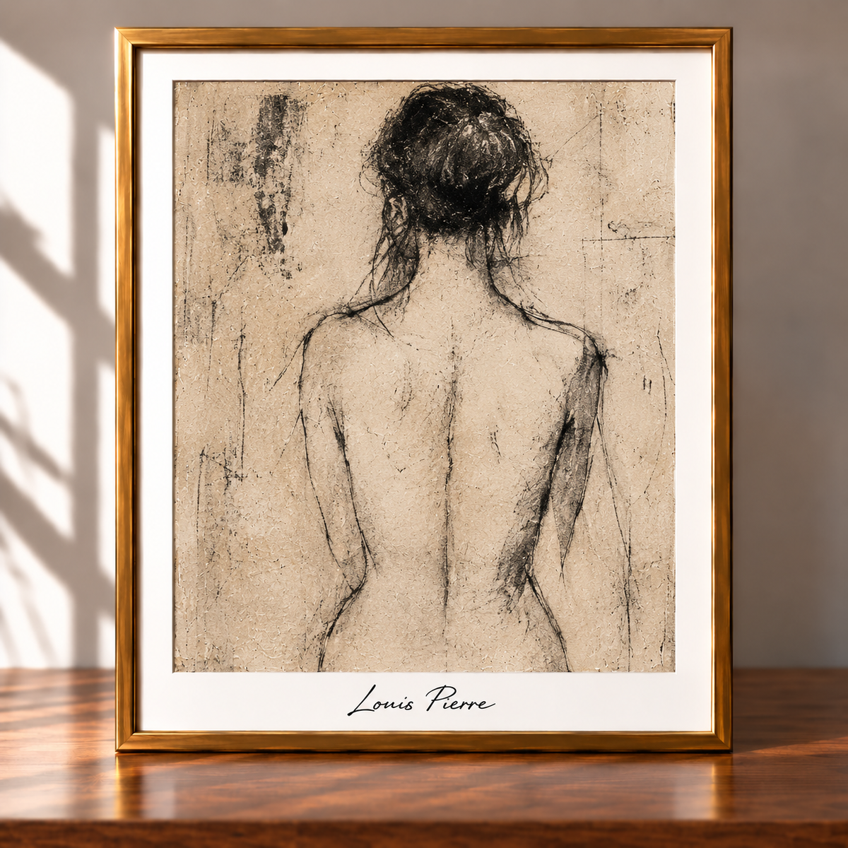 Framed Charcoal Figure in Gold