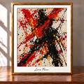 Framed Crimson and Gold Abstract Drip Painting