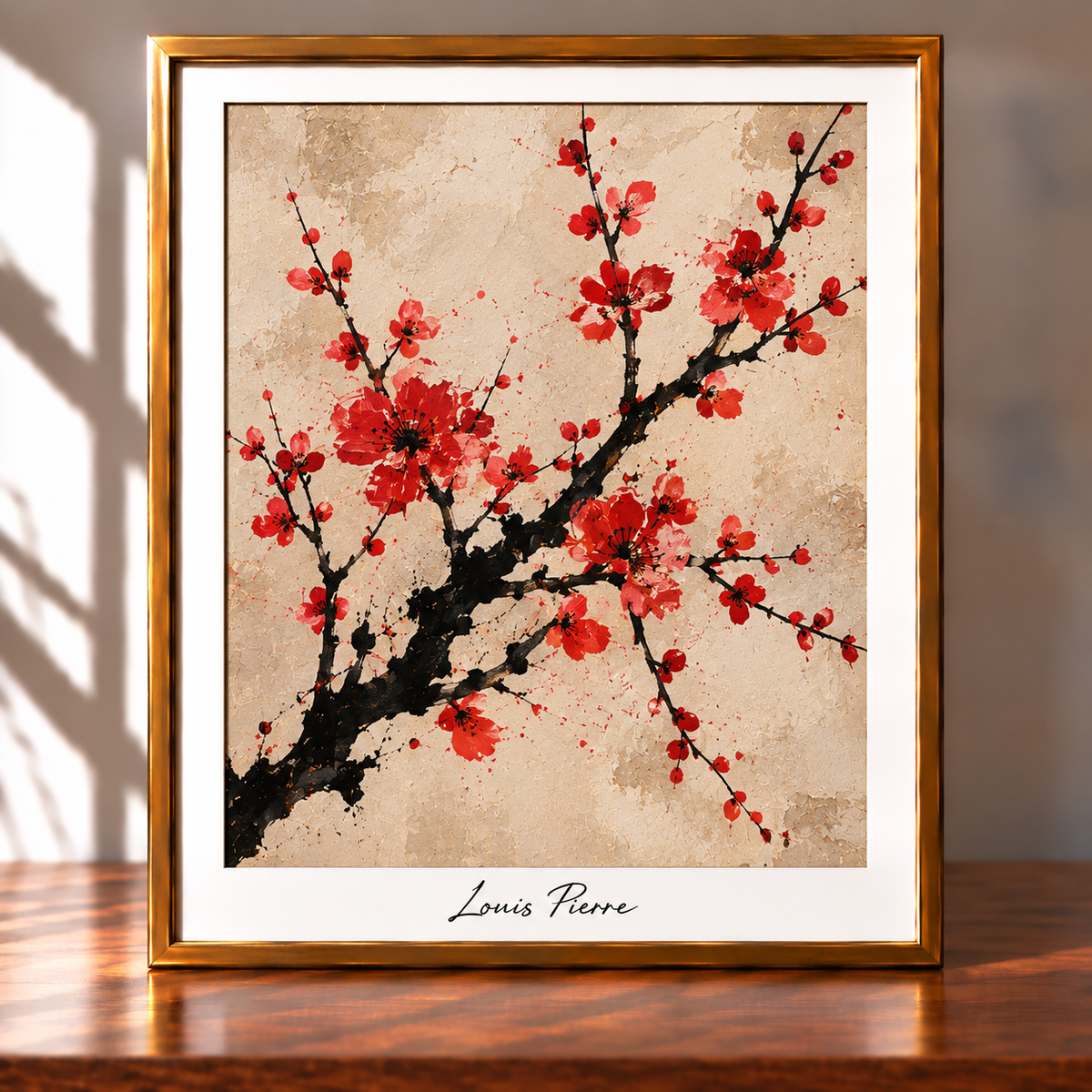 Framed Red Blossom Ink Painting