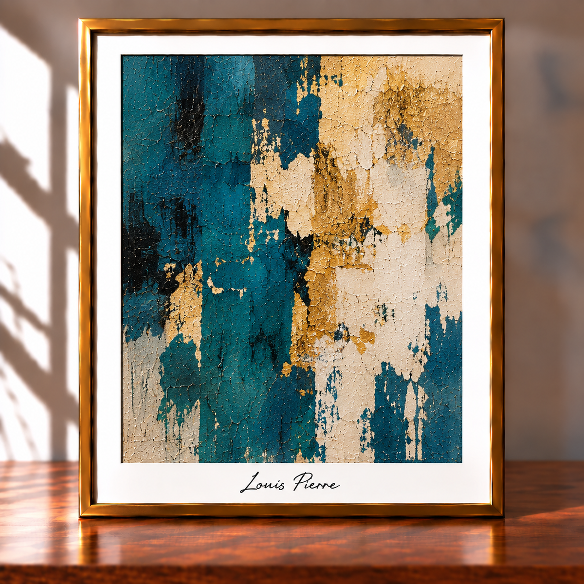 Textured Teal and Gold Abstract in a Gilded Frame